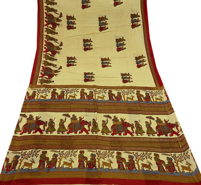 Indian Vintage Sari Beige Printed Pure Cotton Sarees Fabric 5Yd Sarong Wrap Boho Fabric Kimono Soft Dress making Crafting Quilting