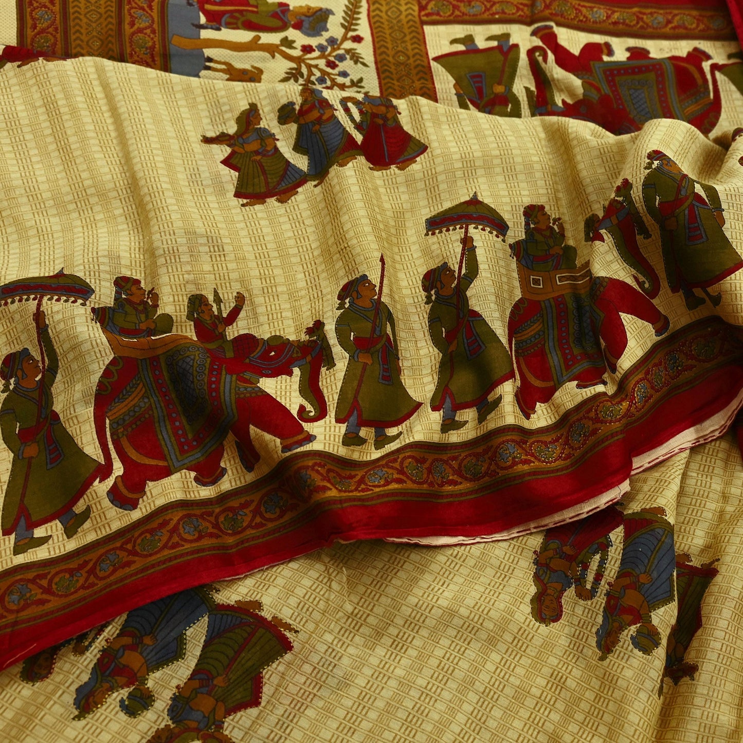 Indian Vintage Sari Beige Printed Pure Cotton Sarees Fabric 5Yd Sarong Wrap Boho Fabric Kimono Soft Dress making Crafting Quilting