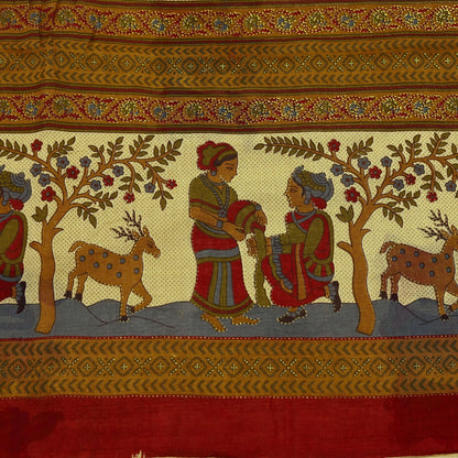 Indian Vintage Sari Beige Printed Pure Cotton Sarees Fabric 5Yd Sarong Wrap Boho Fabric Kimono Soft Dress making Crafting Quilting