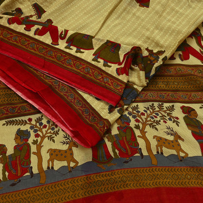 Indian Vintage Sari Beige Printed Pure Cotton Sarees Fabric 5Yd Sarong Wrap Boho Fabric Kimono Soft Dress making Crafting Quilting