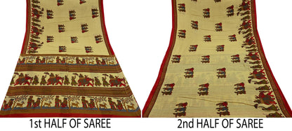 Indian Vintage Sari Beige Printed Pure Cotton Sarees Fabric 5Yd Sarong Wrap Boho Fabric Kimono Soft Dress making Crafting Quilting