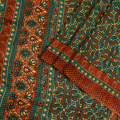 Indian Vintage Green Moss Crepe Saree | Printed Floral Sari Fabric | 5 Yards | Soft Craft Fabric for Sewing, Dressmaking, Quilting,Upcycling