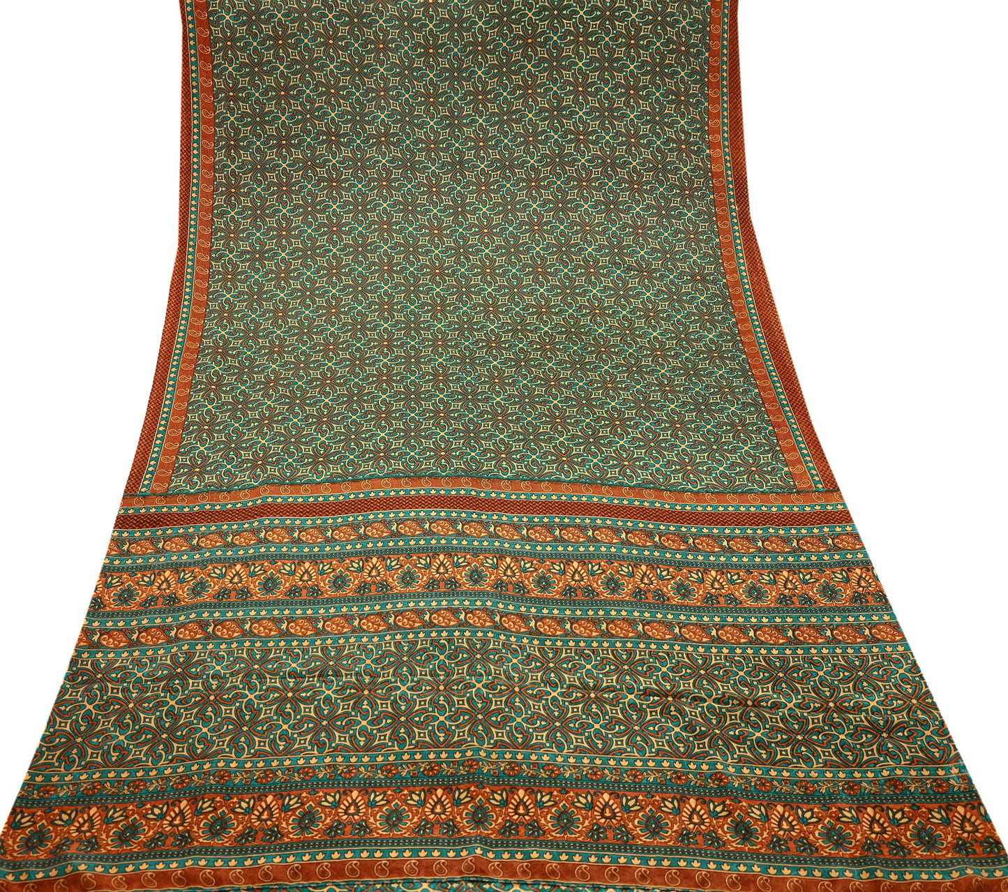 Indian Vintage Green Moss Crepe Saree | Printed Floral Sari Fabric | 5 Yards | Soft Craft Fabric for Sewing, Dressmaking, Quilting,Upcycling