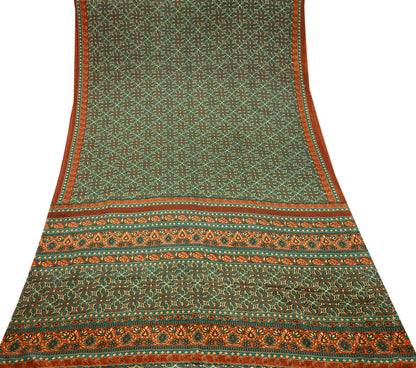 Indian Vintage Green Moss Crepe Saree | Printed Floral Sari Fabric | 5 Yards | Soft Craft Fabric for Sewing, Dressmaking, Quilting,Upcycling