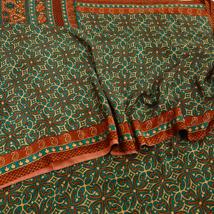 Indian Vintage Green Moss Crepe Saree | Printed Floral Sari Fabric | 5 Yards | Soft Craft Fabric for Sewing, Dressmaking, Quilting,Upcycling