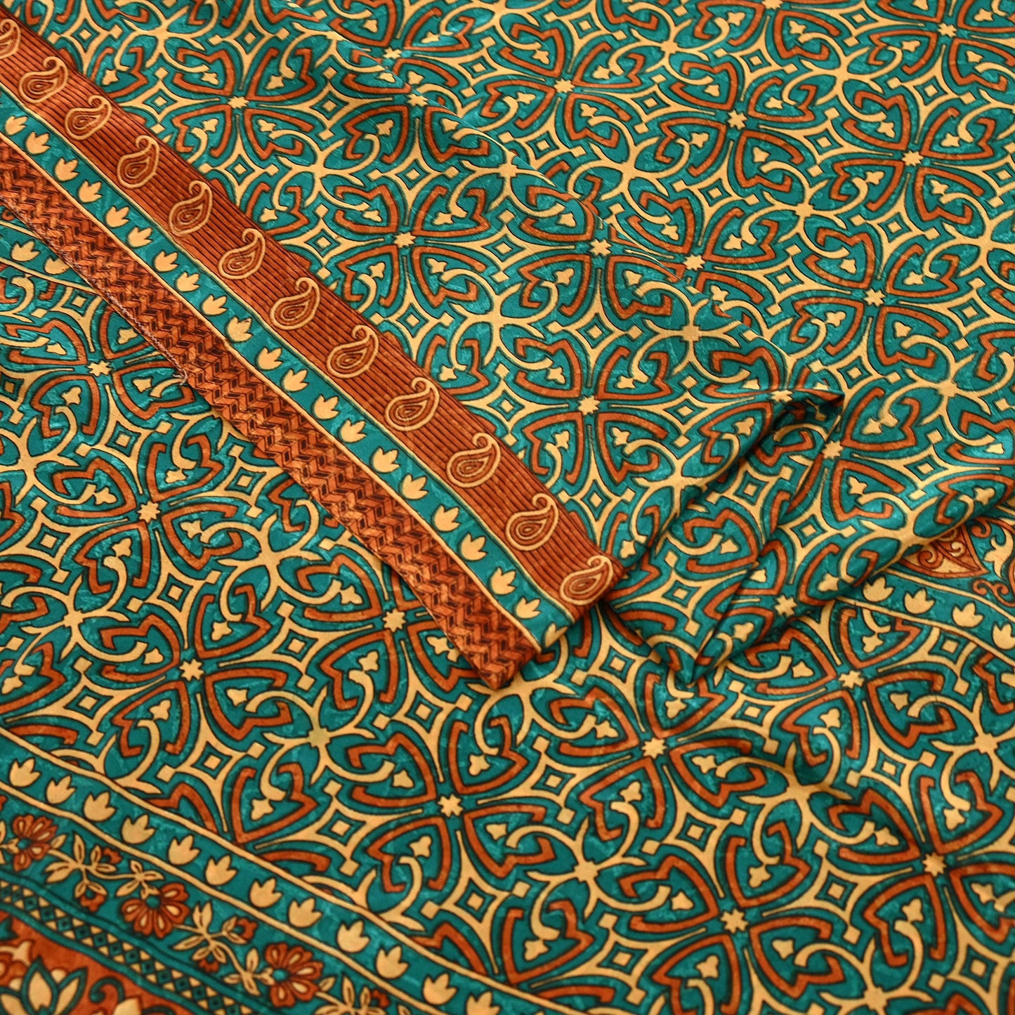 Indian Vintage Green Moss Crepe Saree | Printed Floral Sari Fabric | 5 Yards | Soft Craft Fabric for Sewing, Dressmaking, Quilting,Upcycling