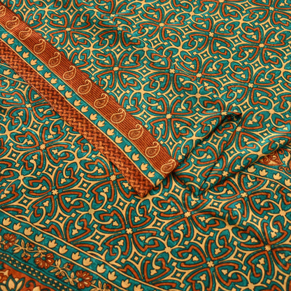 Indian Vintage Green Moss Crepe Saree | Printed Floral Sari Fabric | 5 Yards | Soft Craft Fabric for Sewing, Dressmaking, Quilting,Upcycling