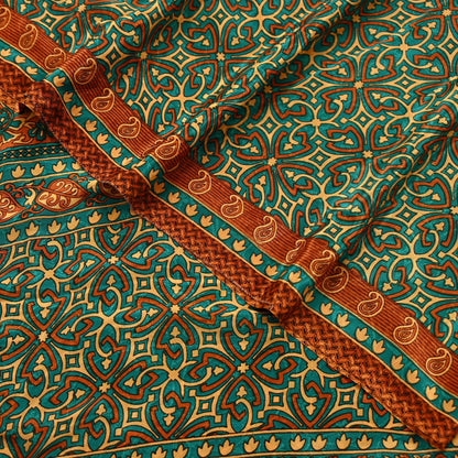 Indian Vintage Green Moss Crepe Saree | Printed Floral Sari Fabric | 5 Yards | Soft Craft Fabric for Sewing, Dressmaking, Quilting,Upcycling