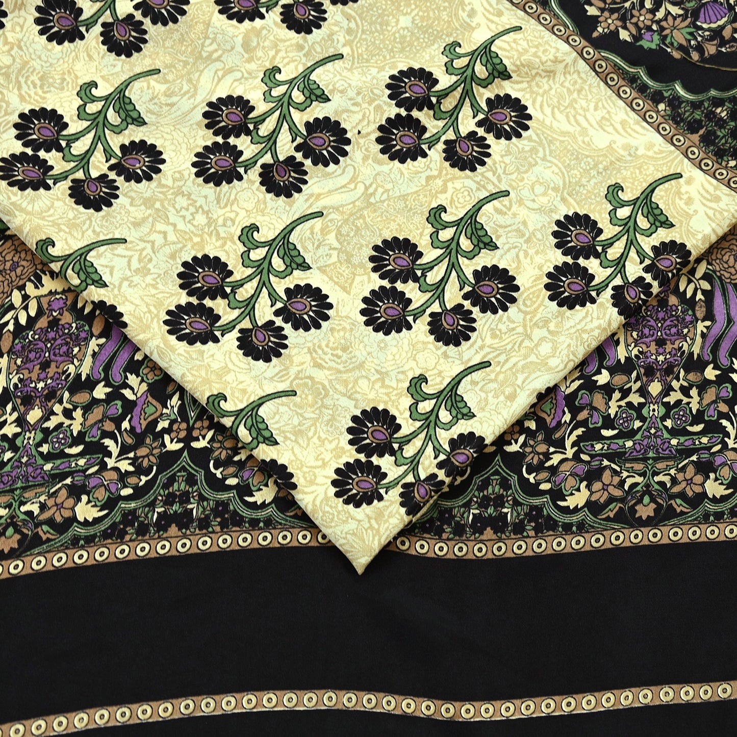 Indian Vintage Saree Beige & Black Moss Crepe Printed Sari | 5 Yards | Floral Soft Fabric for Sewing, Dressmaking, Crafting, Quilting