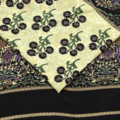 Indian Vintage Saree Beige & Black Moss Crepe Printed Sari | 5 Yards | Floral Soft Fabric for Sewing, Dressmaking, Crafting, Quilting