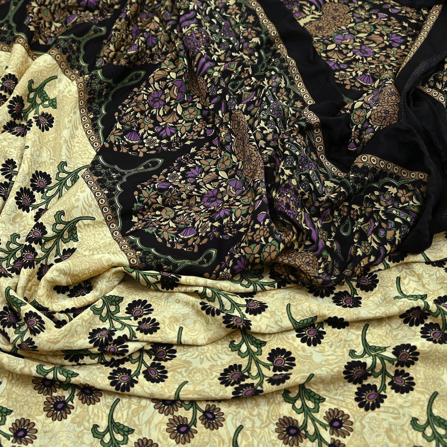 Indian Vintage Saree Beige & Black Moss Crepe Printed Sari | 5 Yards | Floral Soft Fabric for Sewing, Dressmaking, Crafting, Quilting