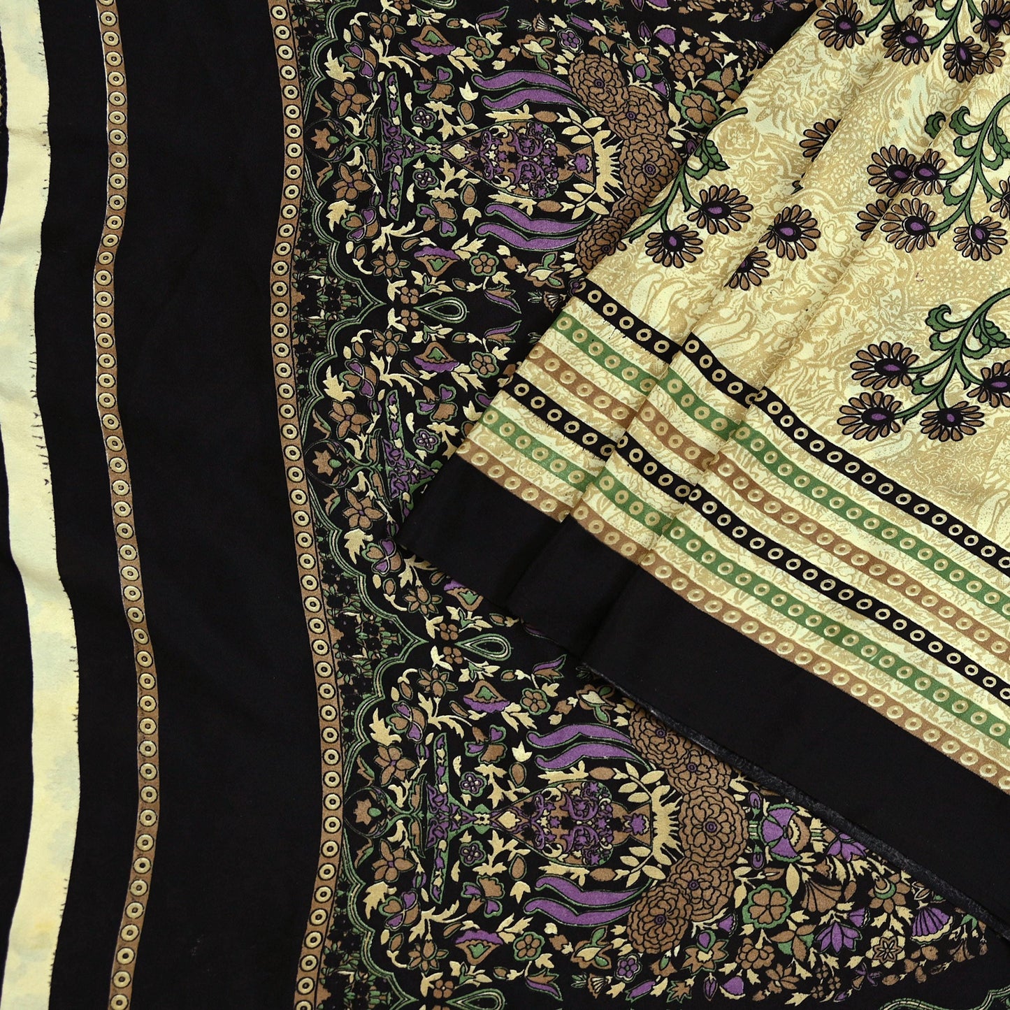 Indian Vintage Saree Beige & Black Moss Crepe Printed Sari | 5 Yards | Floral Soft Fabric for Sewing, Dressmaking, Crafting, Quilting