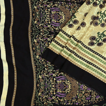Indian Vintage Saree Beige & Black Moss Crepe Printed Sari | 5 Yards | Floral Soft Fabric for Sewing, Dressmaking, Crafting, Quilting