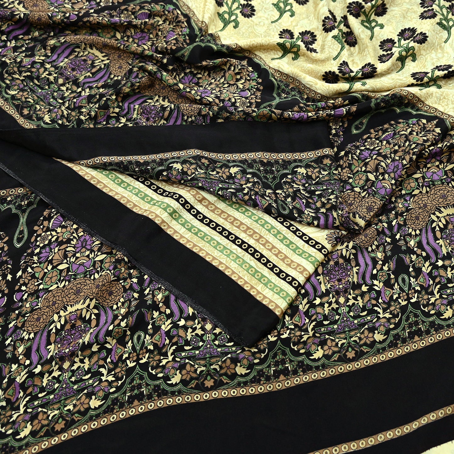 Indian Vintage Saree Beige & Black Moss Crepe Printed Sari | 5 Yards | Floral Soft Fabric for Sewing, Dressmaking, Crafting, Quilting