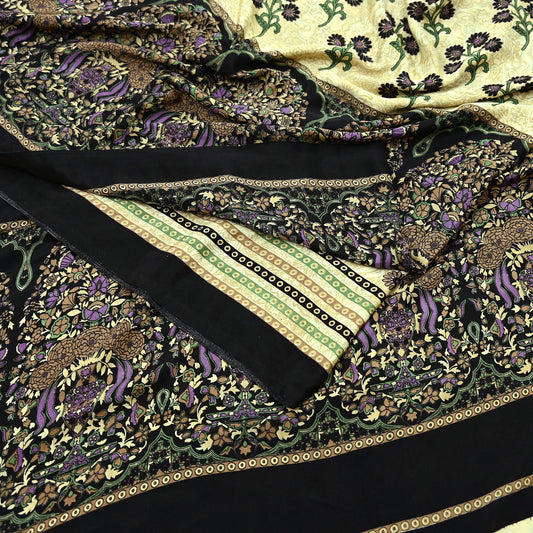 Indian Vintage Saree Beige & Black Moss Crepe Printed Sari | 5 Yards | Floral Soft Fabric for Sewing, Dressmaking, Crafting, Quilting