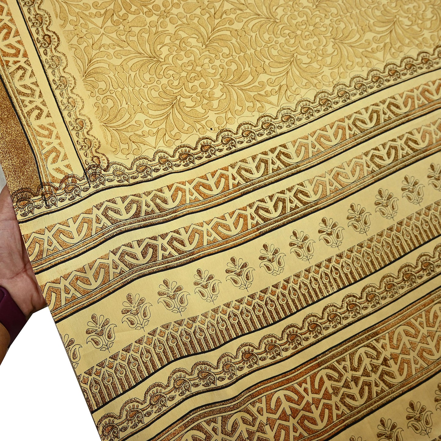 Indian Vintage Beige Digital Printed Satin Saree Artificial Silk Fabric 5 Yards Floral Craft Fabric for Sewing, Quilting, Dressmaking,