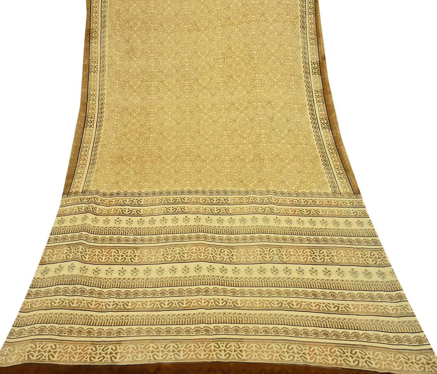 Indian Vintage Beige Digital Printed Satin Saree Artificial Silk Fabric 5 Yards Floral Craft Fabric for Sewing, Quilting, Dressmaking,