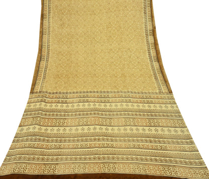 Indian Vintage Beige Digital Printed Satin Saree Artificial Silk Fabric 5 Yards Floral Craft Fabric for Sewing, Quilting, Dressmaking,