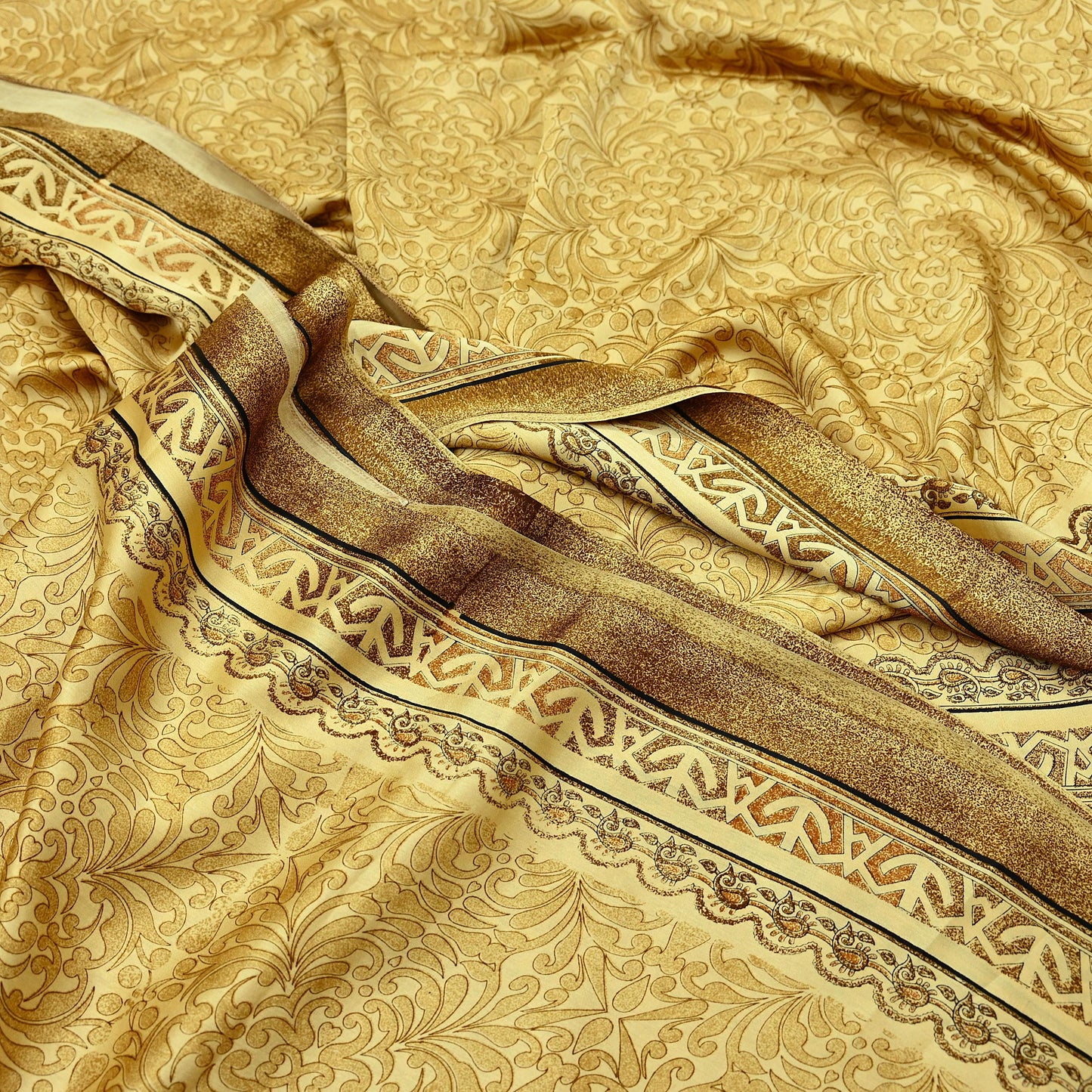 Indian Vintage Beige Digital Printed Satin Saree Artificial Silk Fabric 5 Yards Floral Craft Fabric for Sewing, Quilting, Dressmaking,