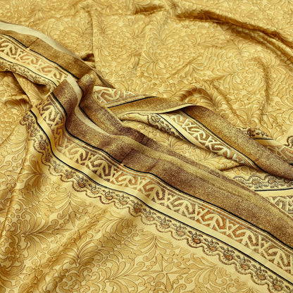 Indian Vintage Beige Digital Printed Satin Saree Artificial Silk Fabric 5 Yards Floral Craft Fabric for Sewing, Quilting, Dressmaking,