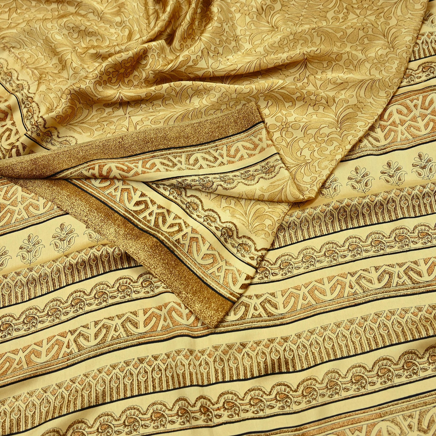 Indian Vintage Beige Digital Printed Satin Saree Artificial Silk Fabric 5 Yards Floral Craft Fabric for Sewing, Quilting, Dressmaking,