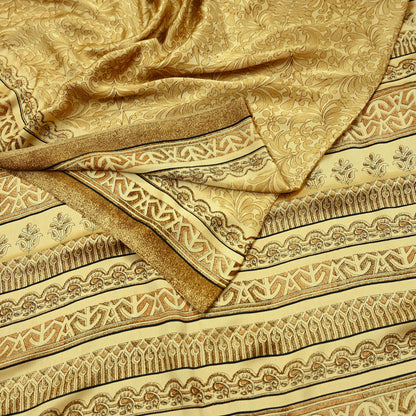 Indian Vintage Beige Digital Printed Satin Saree Artificial Silk Fabric 5 Yards Floral Craft Fabric for Sewing, Quilting, Dressmaking,