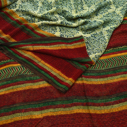 Indian Vintage Beige Pure Georgette Silk Saree | Printed Floral Design | 5 Yardrs | Sheer Soft Fabric for Sewing, Dressmaking,Craft Projects