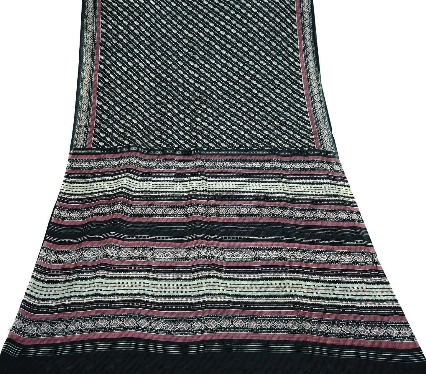 Indian Vintage Black Pure Silk Saree | Printed Floral & Striped Design | 6 Yards | Soft Craft Fabric for Dressmaking, Quilting,  Upcycling