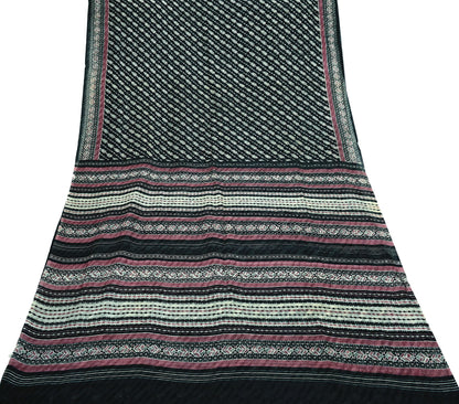 Indian Vintage Black Pure Silk Saree | Printed Floral & Striped Design | 6 Yards | Soft Craft Fabric for Dressmaking, Quilting,  Upcycling