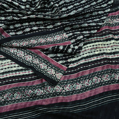Indian Vintage Black Pure Silk Saree | Printed Floral & Striped Design | 6 Yards | Soft Craft Fabric for Dressmaking, Quilting,  Upcycling