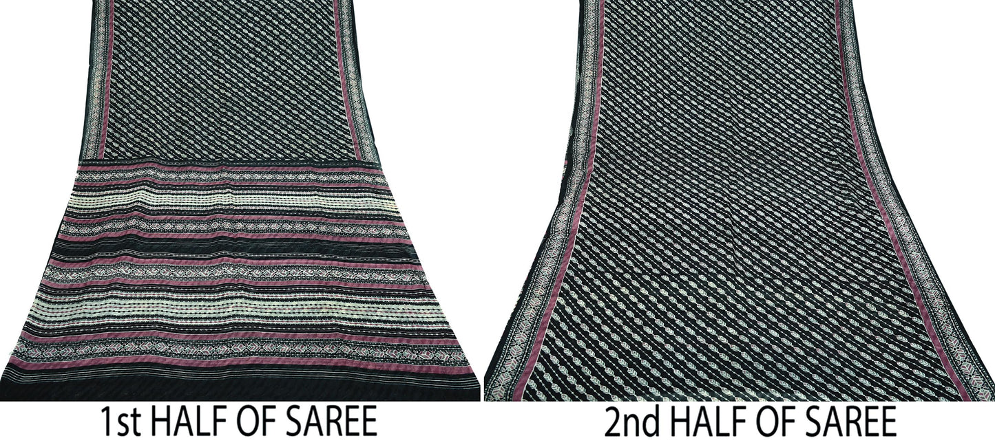 Indian Vintage Black Pure Silk Saree | Printed Floral & Striped Design | 6 Yards | Soft Craft Fabric for Dressmaking, Quilting,  Upcycling