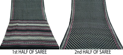 Indian Vintage Black Pure Silk Saree | Printed Floral & Striped Design | 6 Yards | Soft Craft Fabric for Dressmaking, Quilting,  Upcycling