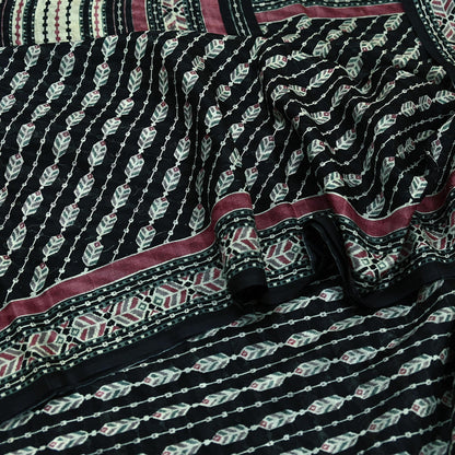 Indian Vintage Black Pure Silk Saree | Printed Floral & Striped Design | 6 Yards | Soft Craft Fabric for Dressmaking, Quilting,  Upcycling