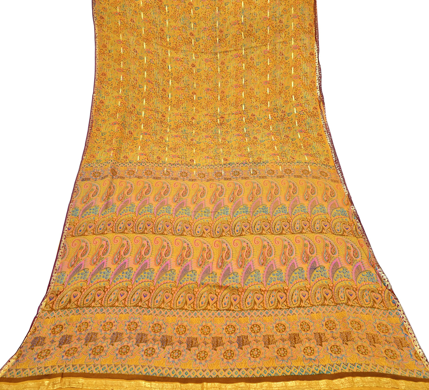 Indian Vintage Sari Saffron 100% Pure Silk Printed Saree 5yd Sewing Craft Fabric Dress Making Soft Wrap Floral Paisley Crafting Quilting