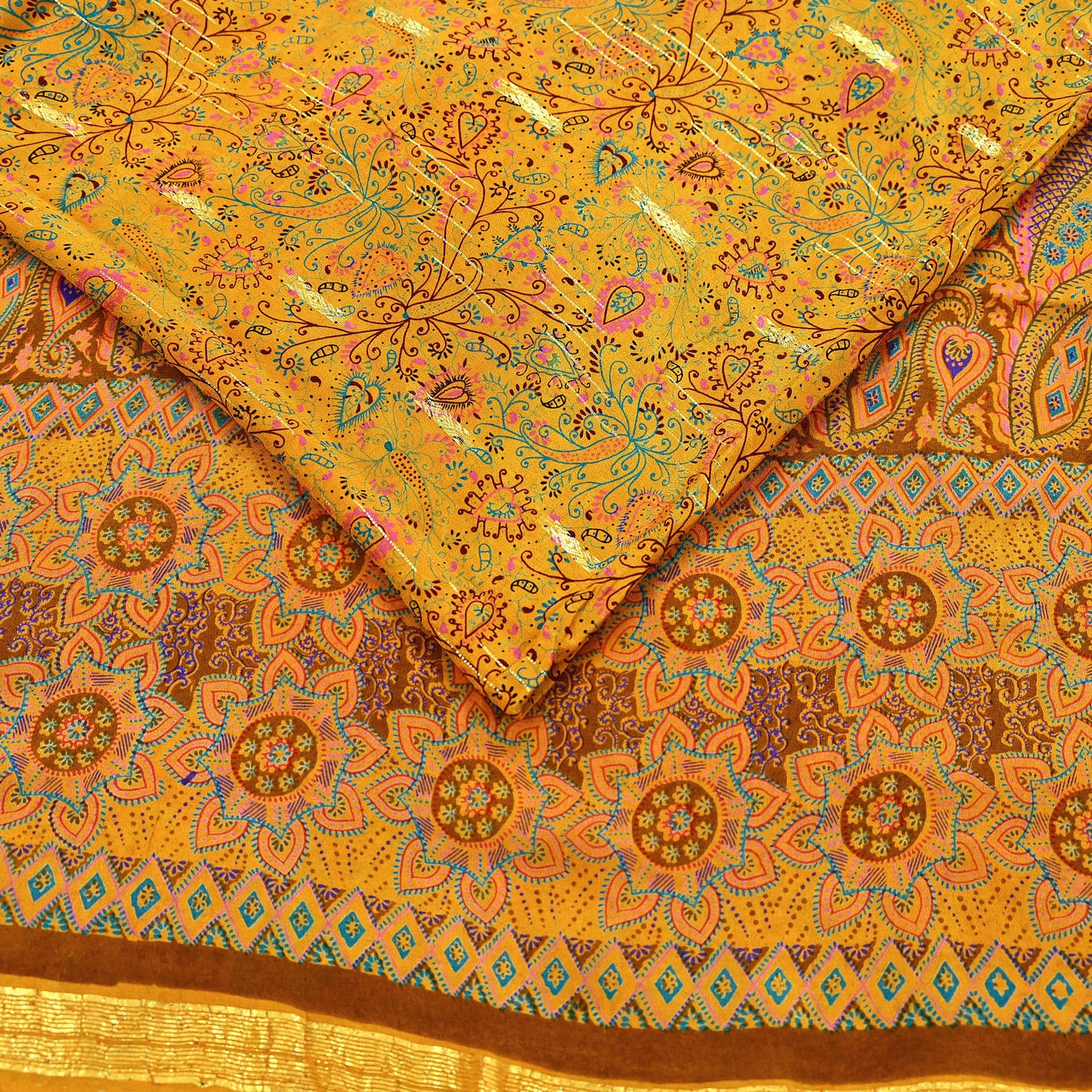 Indian Vintage Sari Saffron 100% Pure Silk Printed Saree 5yd Sewing Craft Fabric Dress Making Soft Wrap Floral Paisley Crafting Quilting