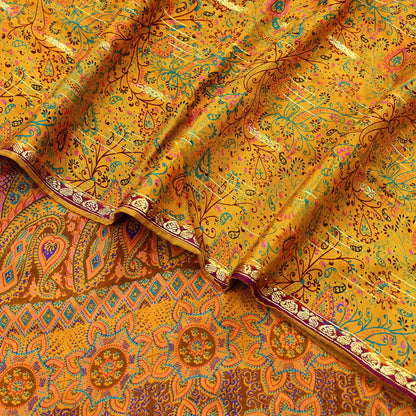 Indian Vintage Sari Saffron 100% Pure Silk Printed Saree 5yd Sewing Craft Fabric Dress Making Soft Wrap Floral Paisley Crafting Quilting