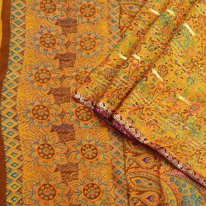 Indian Vintage Sari Saffron 100% Pure Silk Printed Saree 5yd Sewing Craft Fabric Dress Making Soft Wrap Floral Paisley Crafting Quilting