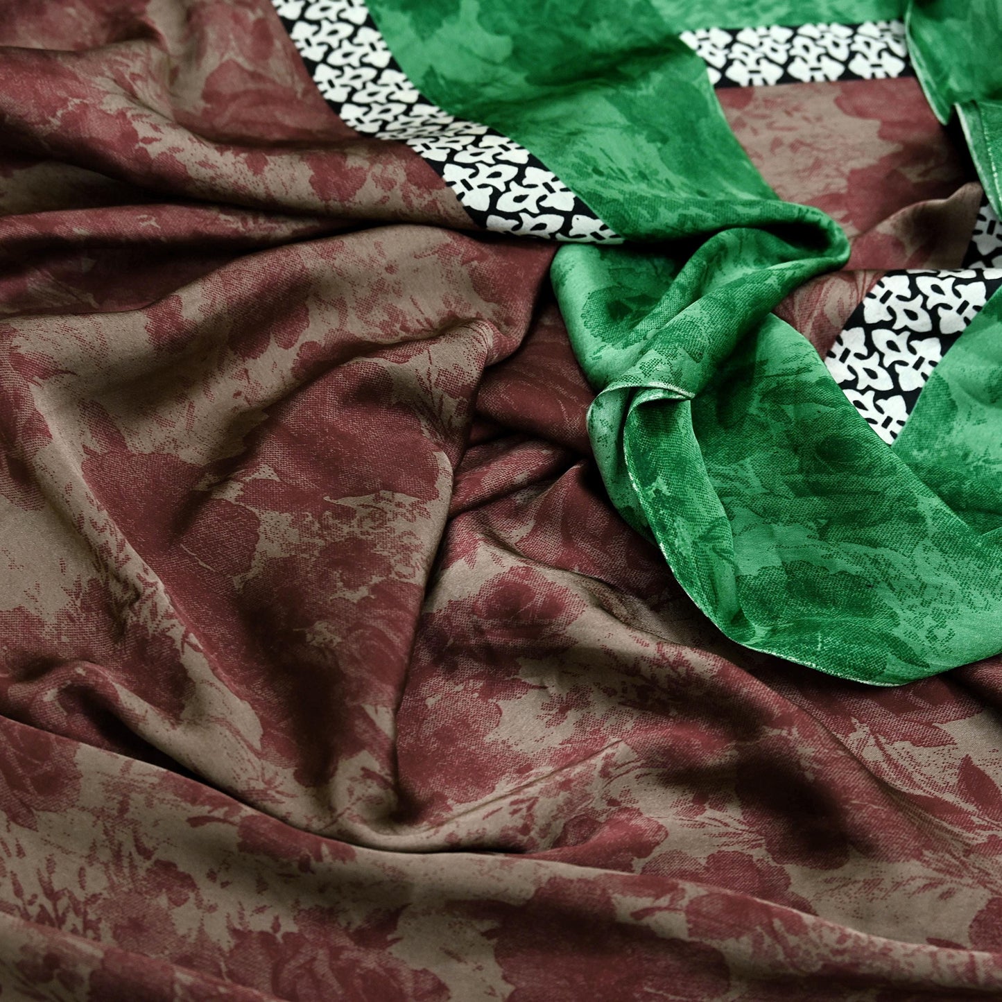Indian Vintage Saree Green & Brown Satin Printed Sari 6yd Sewing Floral Soft Craft Fabric Dressmaking For Crafting Quilting Upcycle