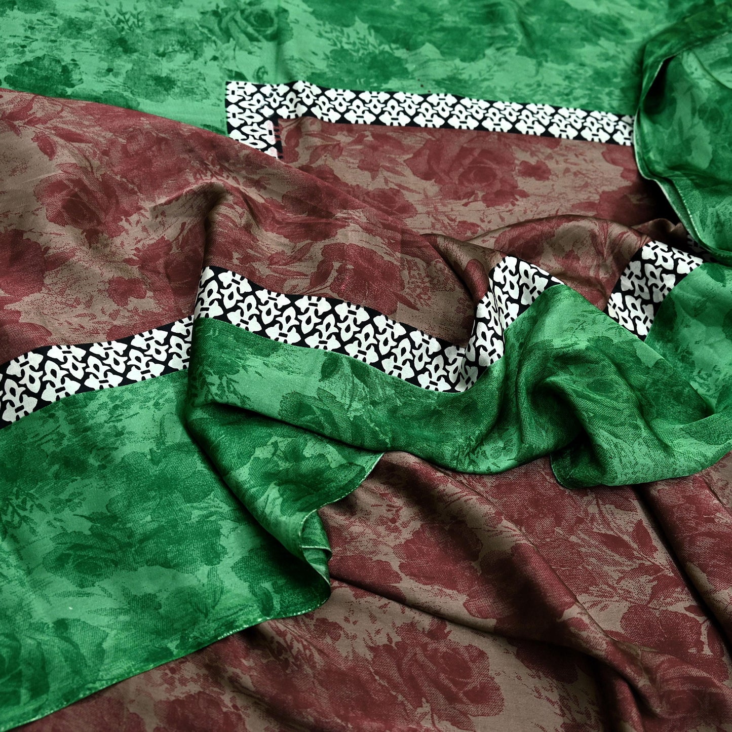 Indian Vintage Saree Green & Brown Satin Printed Sari 6yd Sewing Floral Soft Craft Fabric Dressmaking For Crafting Quilting Upcycle