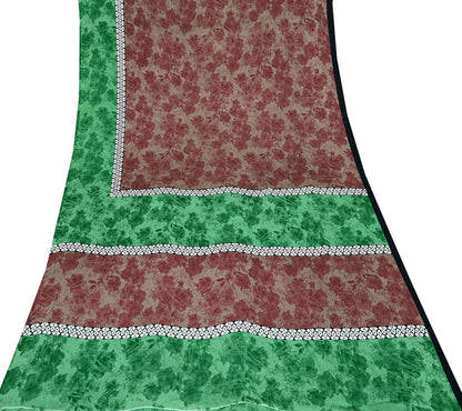 Indian Vintage Saree Green & Brown Satin Printed Sari 6yd Sewing Floral Soft Craft Fabric Dressmaking For Crafting Quilting Upcycle