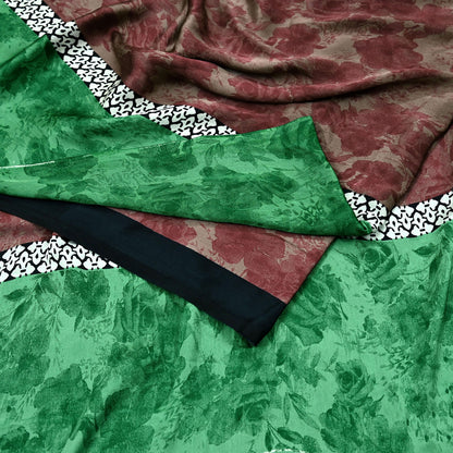 Indian Vintage Saree Green & Brown Satin Printed Sari 6yd Sewing Floral Soft Craft Fabric Dressmaking For Crafting Quilting Upcycle