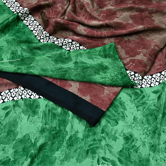 Indian Vintage Saree Green & Brown Satin Printed Sari 6yd Sewing Floral Soft Craft Fabric Dressmaking For Crafting Quilting Upcycle