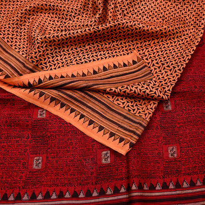 Indian Vintage Sari Orange & Red Pure Silk Printed Saree Craft Fabric 5yd Sewing DressMaking Soft Wrap Floral Crafting Quilting Upcycle