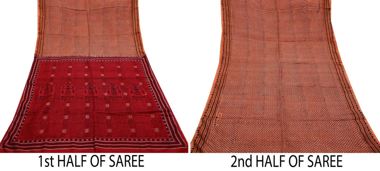 Indian Vintage Sari Orange & Red Pure Silk Printed Saree Craft Fabric 5yd Sewing DressMaking Soft Wrap Floral Crafting Quilting Upcycle