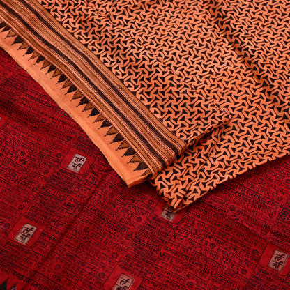 Indian Vintage Sari Orange & Red Pure Silk Printed Saree Craft Fabric 5yd Sewing DressMaking Soft Wrap Floral Crafting Quilting Upcycle
