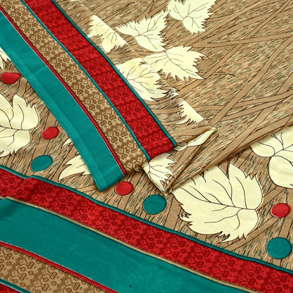 Indian Vintage Brown Moss Crepe Saree | Printed Floral Sari Fabric | 6 Yards | Soft Craft Fabric for Sewing, Dressmaking, Quilting,Upcycling