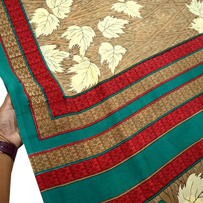 Indian Vintage Brown Moss Crepe Saree | Printed Floral Sari Fabric | 6 Yards | Soft Craft Fabric for Sewing, Dressmaking, Quilting,Upcycling