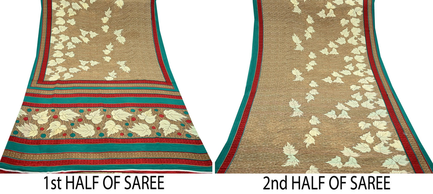 Indian Vintage Brown Moss Crepe Saree | Printed Floral Sari Fabric | 6 Yards | Soft Craft Fabric for Sewing, Dressmaking, Quilting,Upcycling