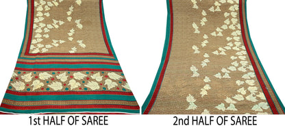 Indian Vintage Brown Moss Crepe Saree | Printed Floral Sari Fabric | 6 Yards | Soft Craft Fabric for Sewing, Dressmaking, Quilting,Upcycling