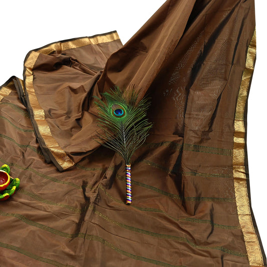 Indian Vintage Brown Mysore Silk Woven Saree | Floral Motif & Golden Border | 5 Yards | Pure Silk Craft Fabric | Pre-Owned Quilting, Upcycle